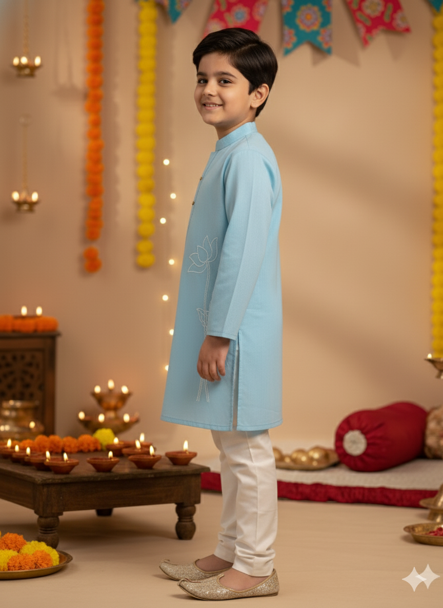 Sky Blue Lotus embroided Kurta -Pyjama