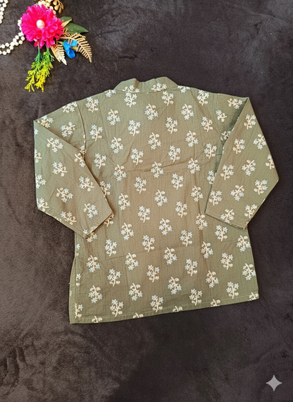 Olive green block printed Kurta -Pyjama