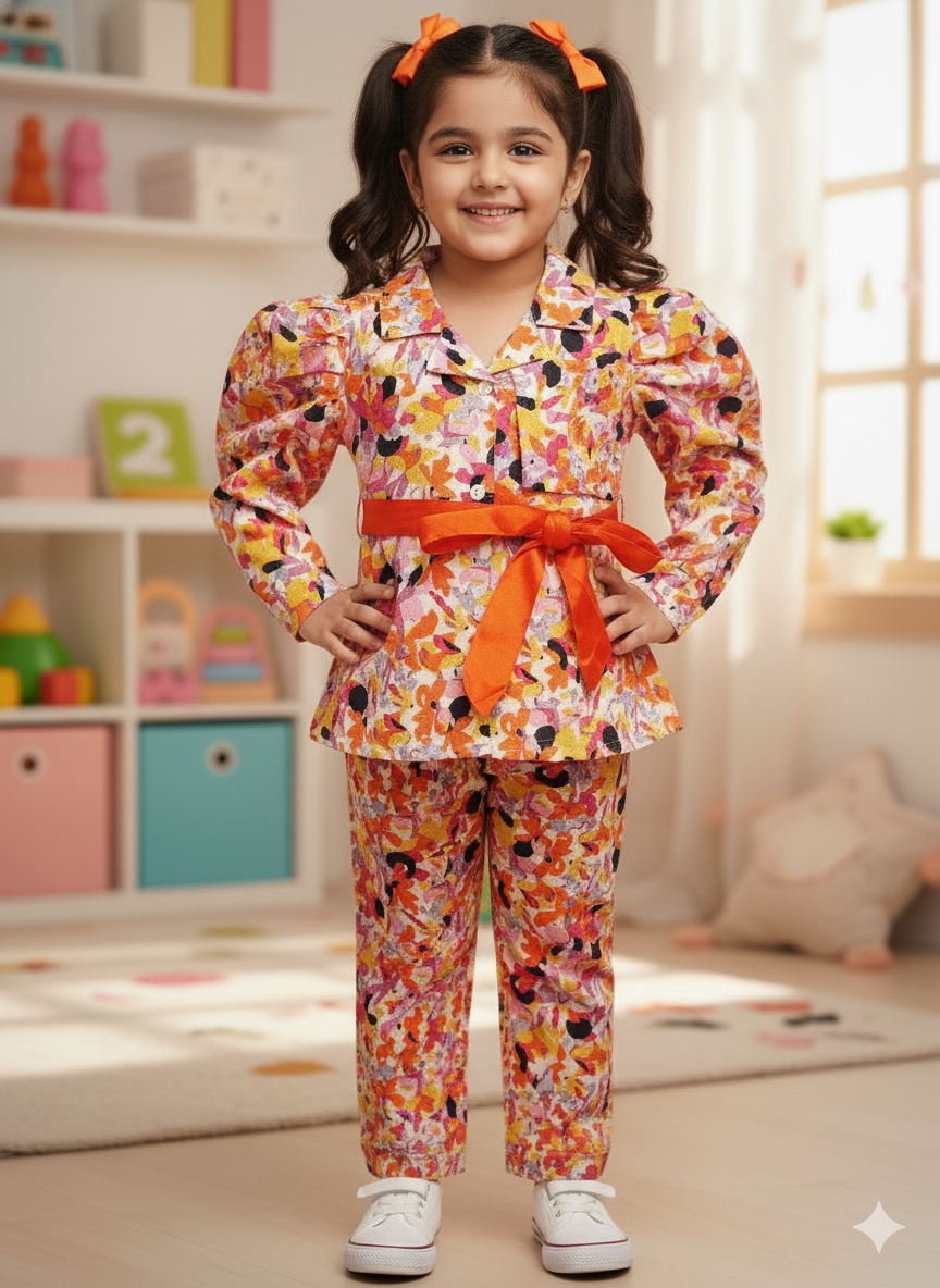Orange Colour Flower Print Girls Co-Ord Set