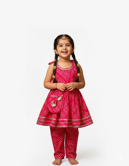 Jaipuri Print Red Colour Girls Flare Suit Set