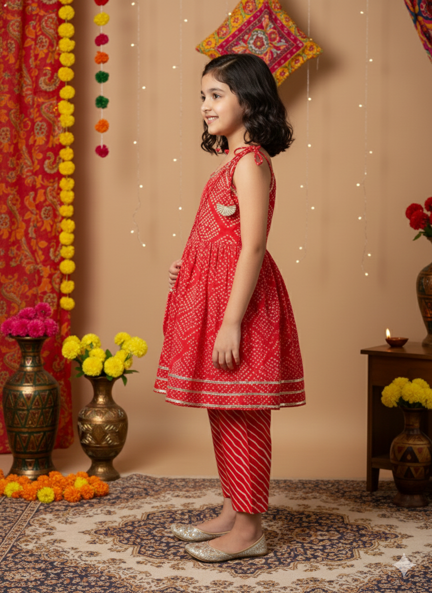 Jaipuri Print Red Colour Girls Flare Suit Set