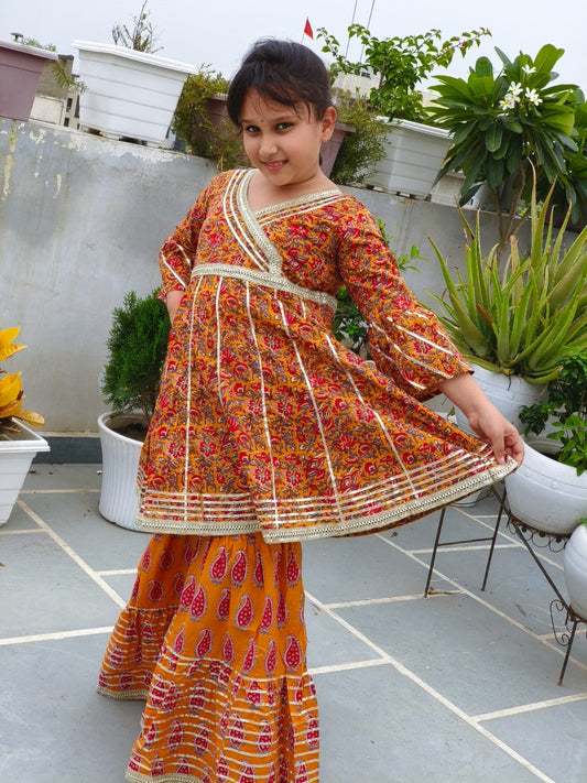 Block Printed Mustard Coloured Anarkali Suit With Sharara