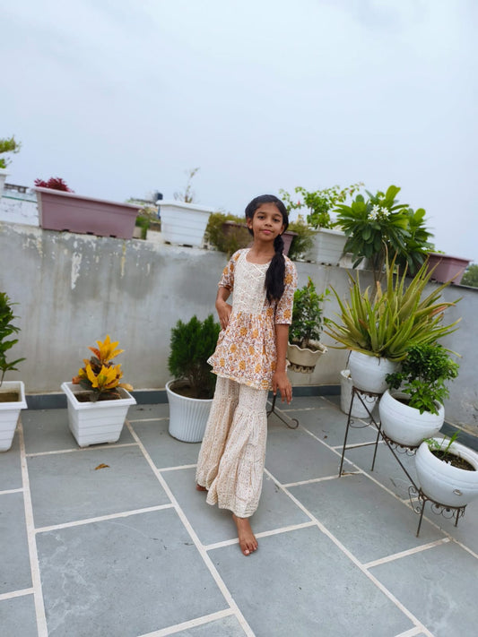 Screen Print Yellow Color Anarkali suit With Sharara