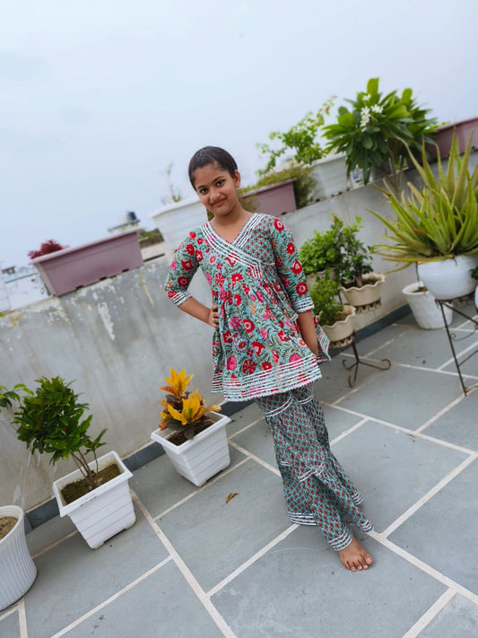 Flower Printed Red & Green Coloured Anarkali Suit with Sharara
