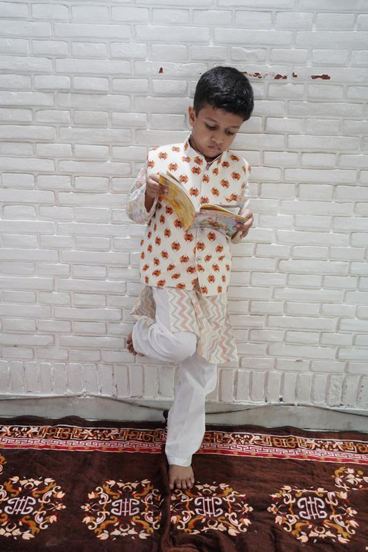 Ikkat Cream print Jacket with Kurta -Pyjama