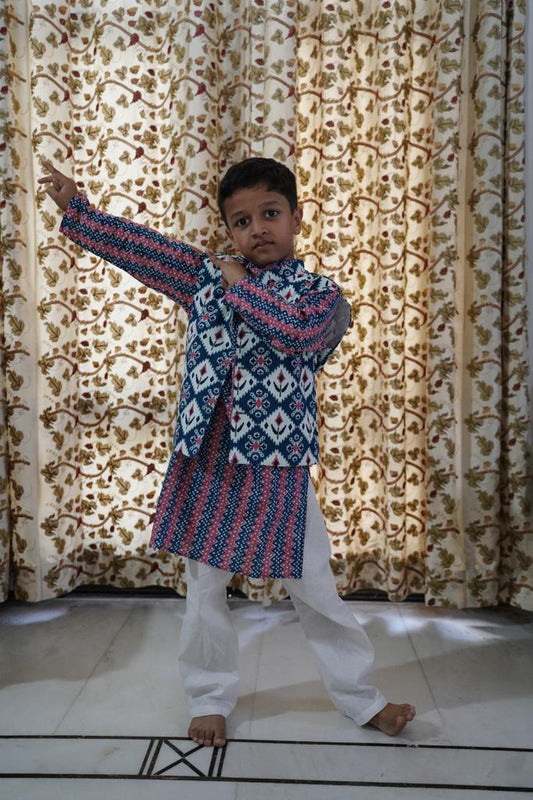 Ikkat Blue Print Jacket with Kurta -Pyjama