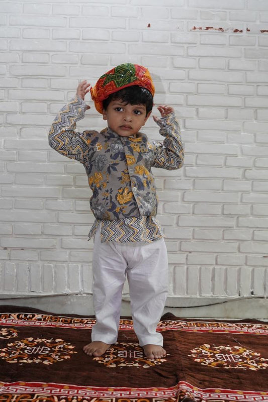 Grey/Yellow Fool -Patti print Jacket with Kurta -Pyjama