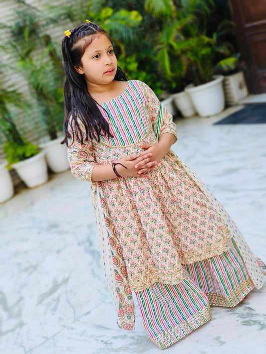 Block Print Cream Coloured Sharara  With Anarkali Suit