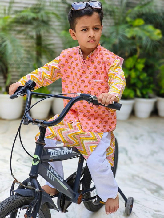Peach/ pink block print Jacket with Kurta -Pyjama