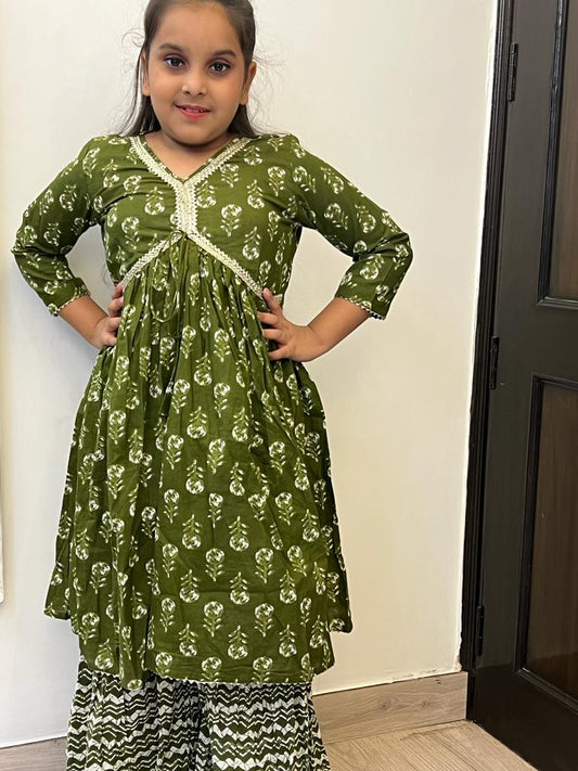 Block Printed Heena Green Coloured Anakari Suit with Sharara