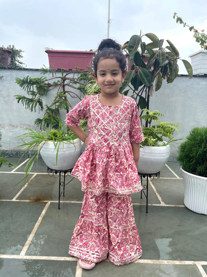 Pink Colour Flower Print Anarkali Suit With Sharara