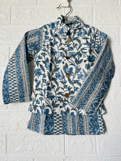 Grey -white block print Jacket with Kurta -Pyjama
