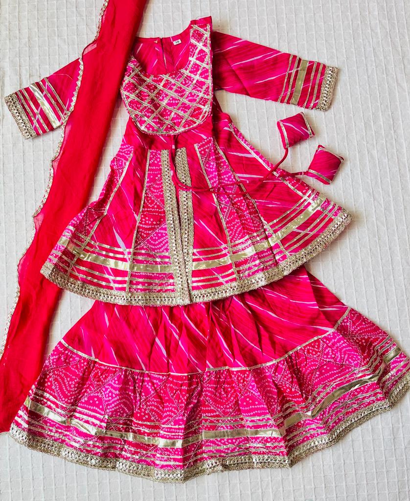 Bandhej Printed Parrot Green Coloured Anarkali Suit With Sharara
