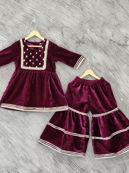 Maroon Coloured Mirror-Embroidery Velvet  Kurti With Sharara