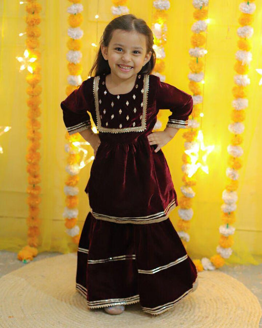 Maroon Coloured Mirror-Embroidery Velvet  Kurti With Sharara