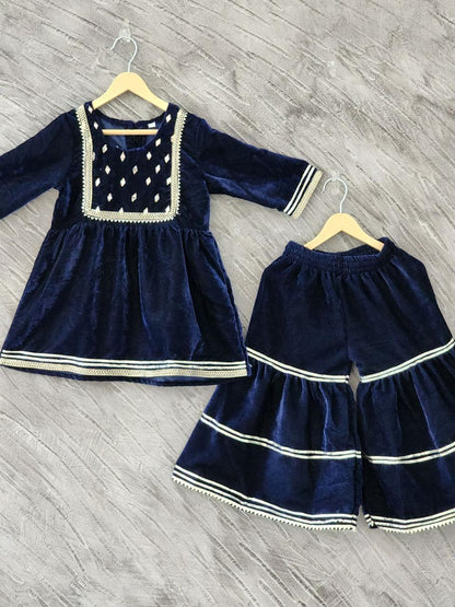 Blue Coloured Mirror-Embroidery Velvet  Kurti With Sharara