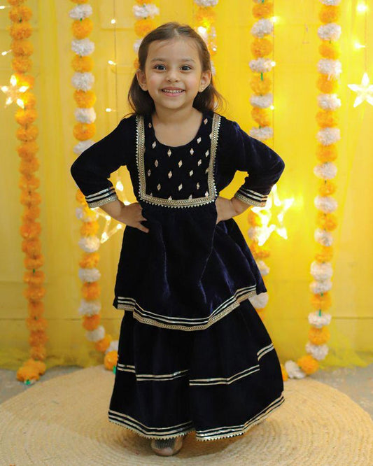 Blue Coloured Mirror-Embroidery Velvet  Kurti With Sharara