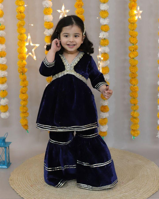 Royel Blue Coloured Alia Cut Velvet  Kurti With Sharara