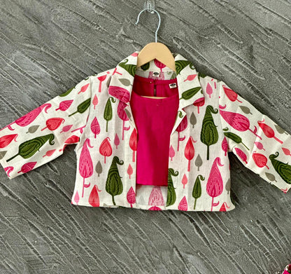 Blue Block Printed 3 Piece Girls Co-Ords
