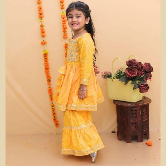 Jaipuri Print Yellow Colour Anarkali Suit With Sharara