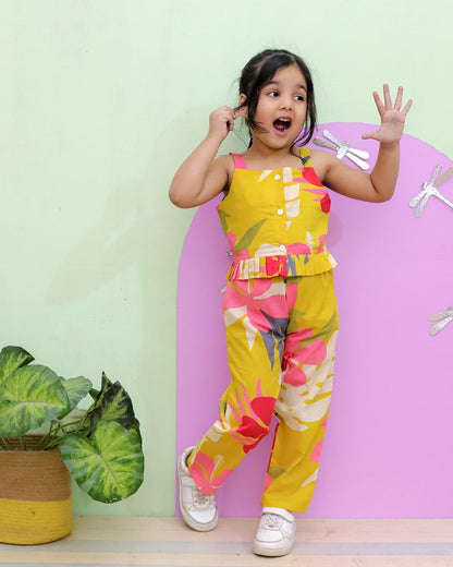 Tropical Flower Print Mustard Colour  Girls Co-Ord Set