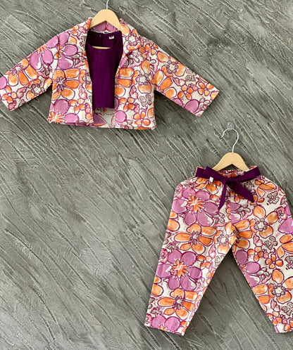 Purple Floral Printed 3 Piece Girls Co-Ords