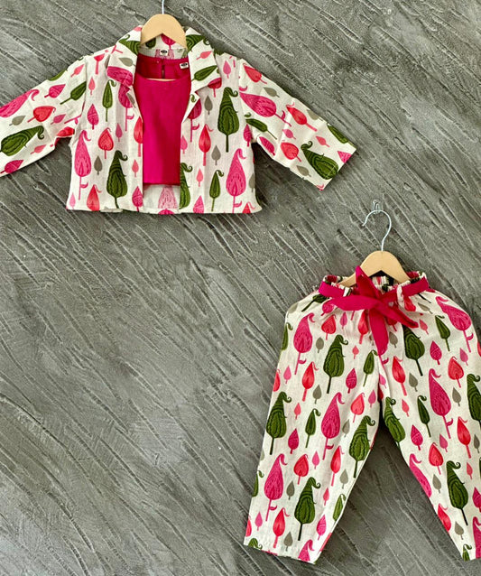 Pink Block Printed 3 Piece Girls Co-Ords