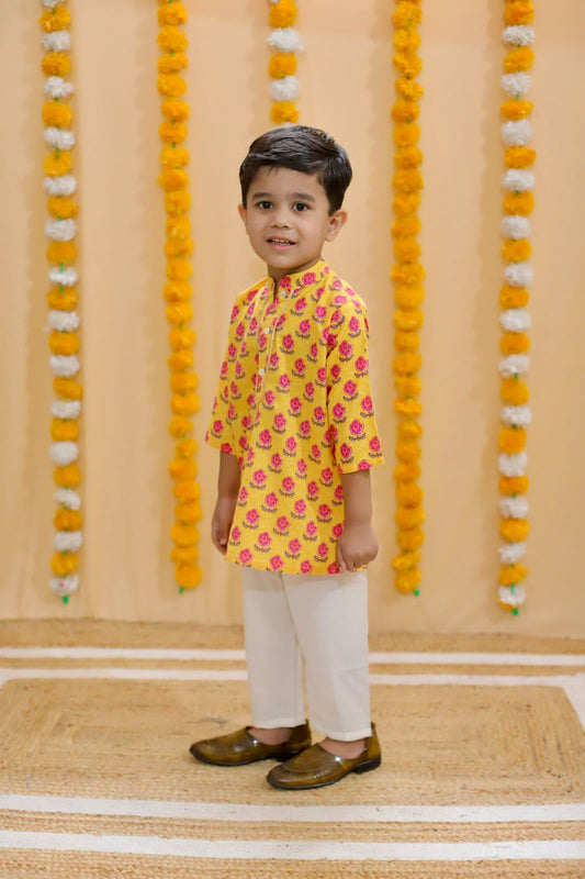 Mustard Block Print Boy's Kurta