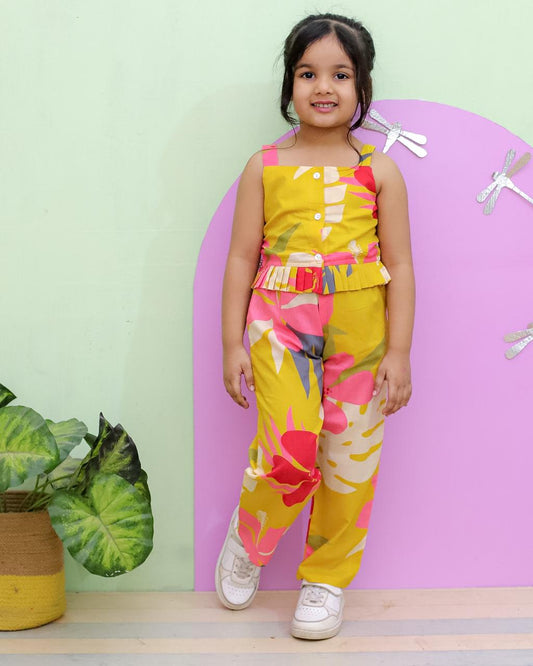 Tropical Flower Print Mustard Colour  Girls Co-Ord Set