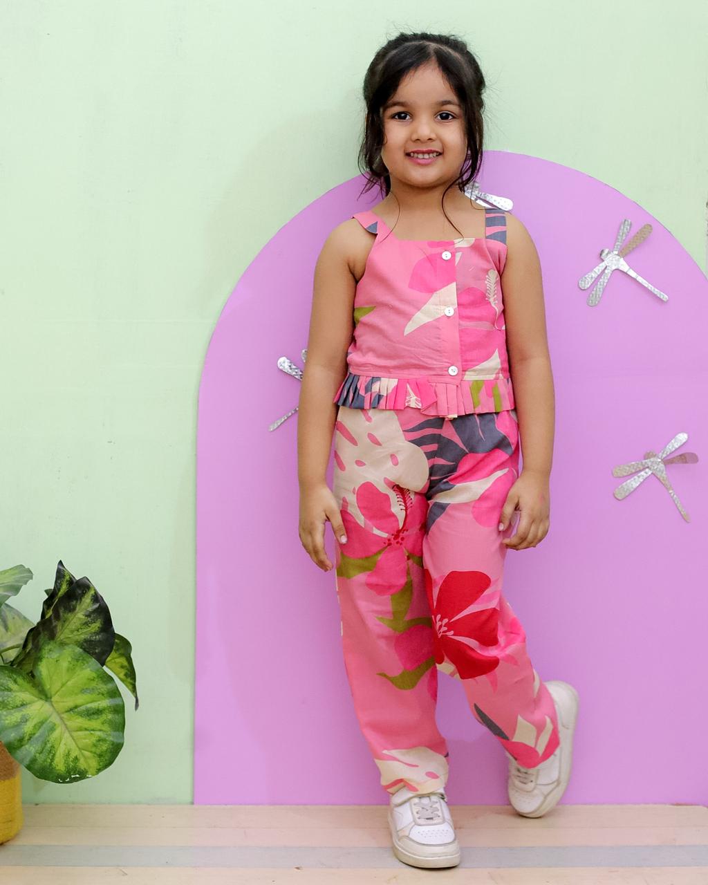 Tropical Flower Print Mustard and Pink Colour  Girls Co-Ord Set