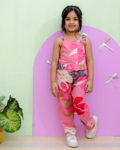 Tropical Flower Print Mustard and Pink Colour  Girls Co-Ord Set