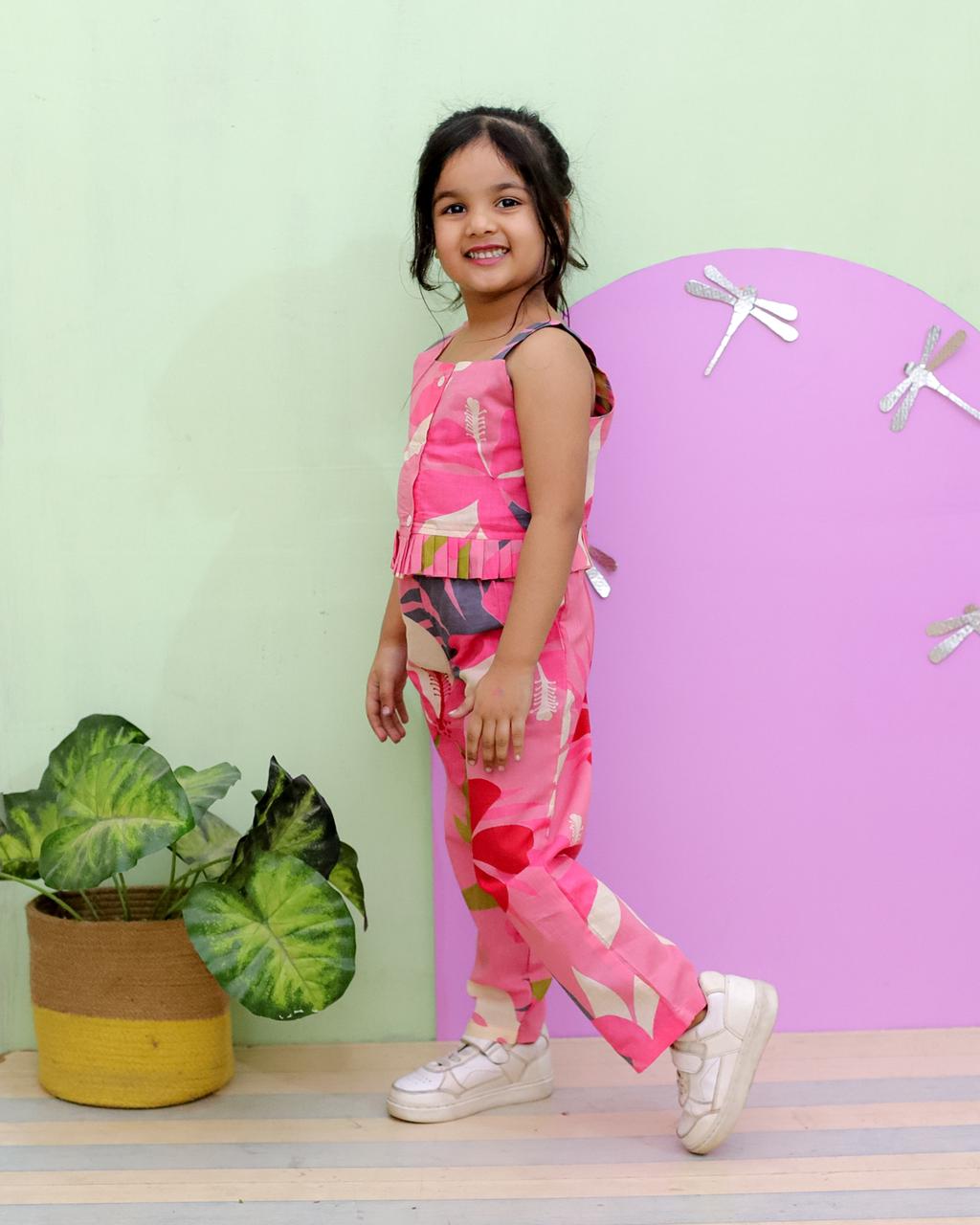 Tropical Flower Print Mustard and Pink Colour  Girls Co-Ord Set