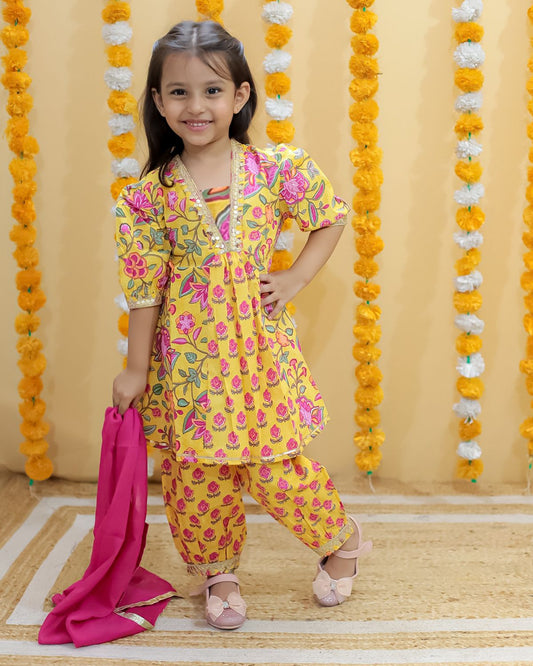 Mustard Flower Printed Afghani Style Suit Set