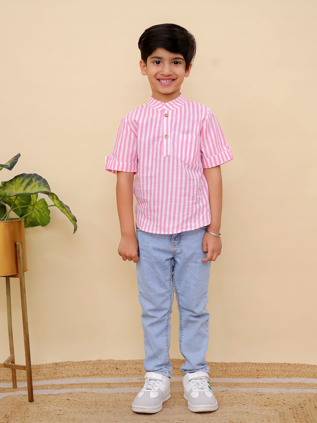 Peach pink striped kurta  Shirt