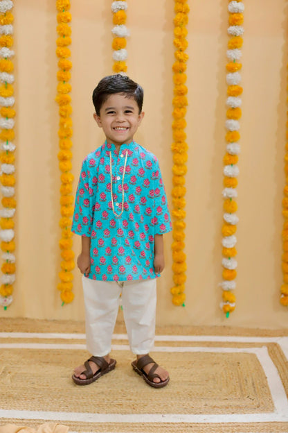 Sea Green Block Printed Boy's Kurta