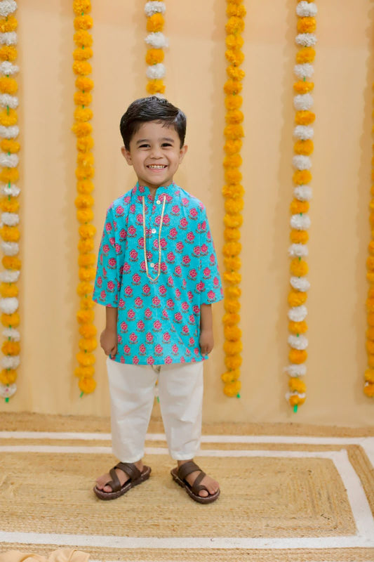 Sea Green Block Printed Boy's Kurta