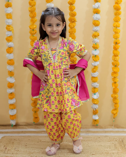 Mustard Flower Printed Afghani Style Suit Set