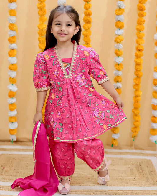 Floral Print Rani Pink Colour Afghani Style Suit Set
