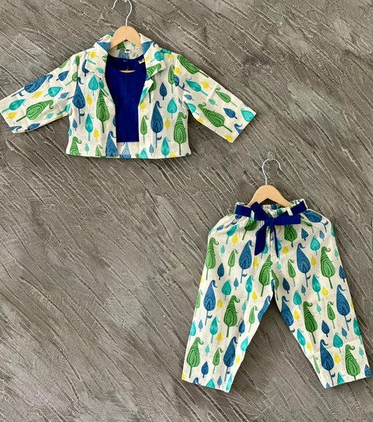 Blue Block Printed 3 Piece Girls Co-Ords