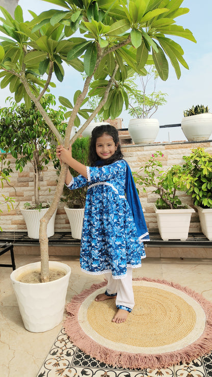 Yellow Colour Floral Printed Girls Flared Suit Set