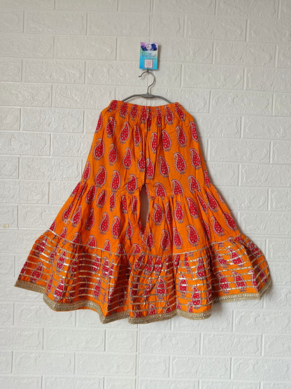 Block Printed Mustard Coloured Anarkali Suit With Sharara