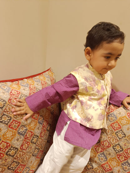 Abstract cream/Purple print Jacket with Kurta -Pyjama