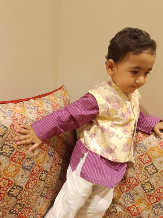 Abstract cream/Purple print Jacket with Kurta -Pyjama