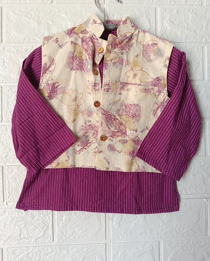 Abstract cream/Purple print Jacket with Kurta -Pyjama