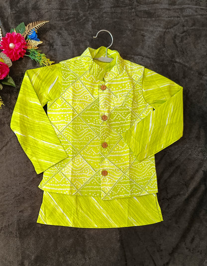 Parrot Green Bandhej Kurta and Jacket with Pyjama (Tie and Dye)