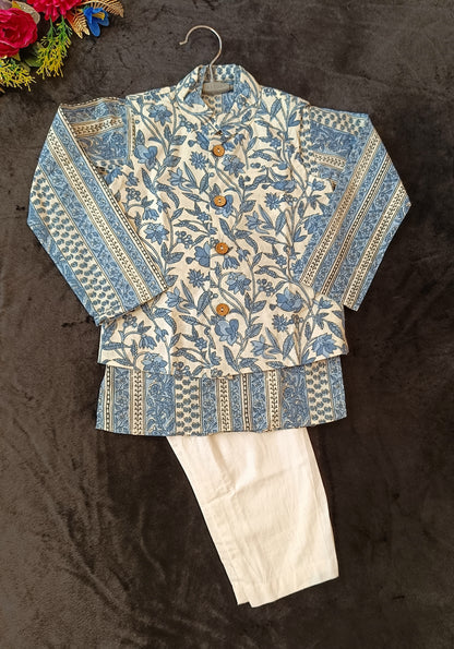 Grey -white block print Jacket with Kurta -Pyjama
