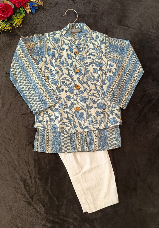 Grey -white block print Jacket with Kurta -Pyjama