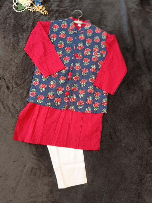 Maroon and navy blue print Jacket with Kurta -Pyjama