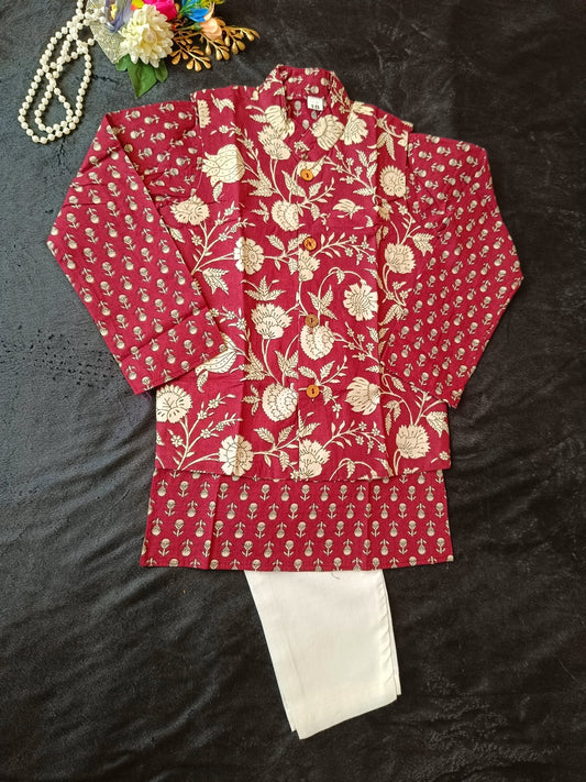 Mehroon Genda fool  Jacket with Kurta -Pyjama