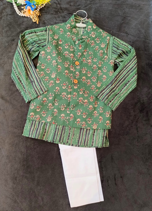Dark Henna Green print Jacket with Kurta -Pyjama